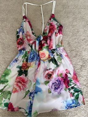 Floral Watercolor Tie-Front Romper in White with Multi-Color Roses